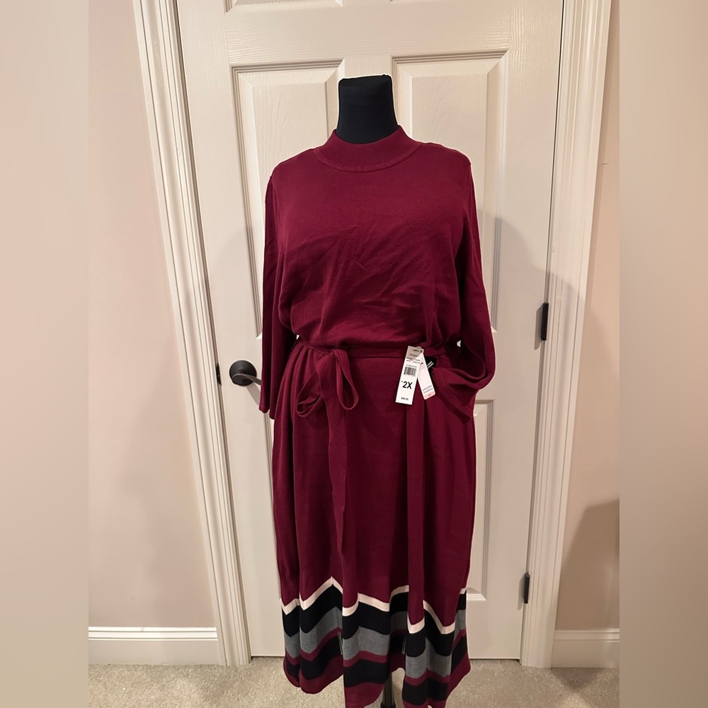 Sandra Darren Burgundy Long Sleeve Sweater Dress with Belt
